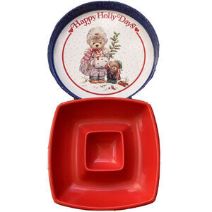 Christmas Happy Holly Days Bear Tin Metal Tray Circular Holiday Giordano Vintage